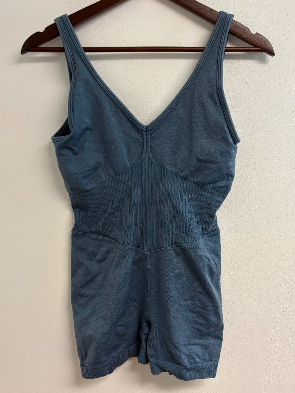 Yoga Workout Attire Women's Stretchy V-Neck Ribbed Athletic Romper Blue Set Sz L